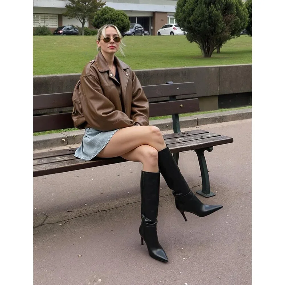 🆕Women Black Faux Leather Pointed Toe Tall  Stiletto Heel Zipper Dress Boots